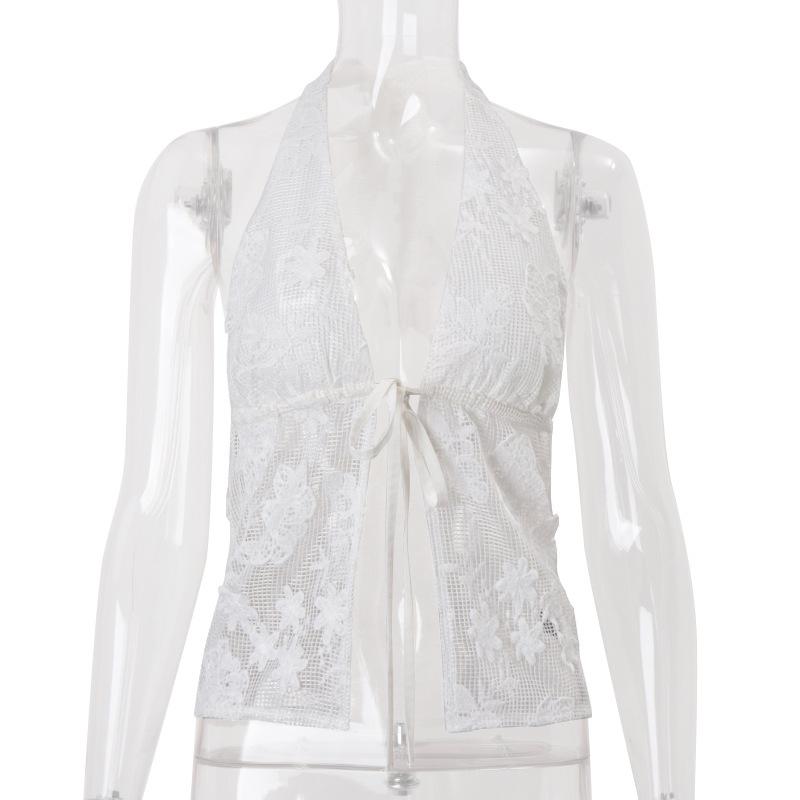 Летний новый женский богемный пляжный топ на бретельках с кружевом S белый