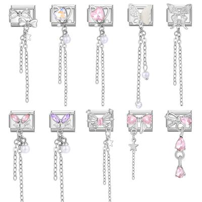 Zirkon Lange Quaste Schmetterling Schleife Knoten Herz Italienischer Charm Glieder Passend für 9mm Armband Edelstahl DIY Schmuckherstellung
