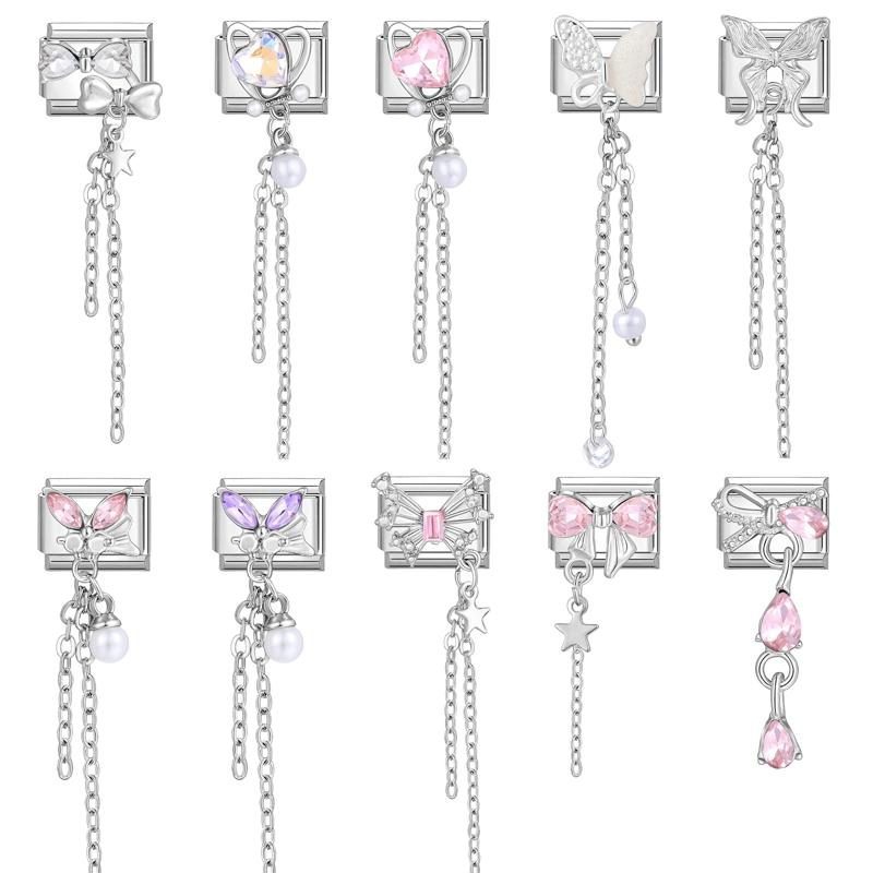 Zircon Long Tassel Butterfly Bow Knot Heart Italian Charm Links Fit 9mm Bracelet Stainless Steel DIY Jewelry Making