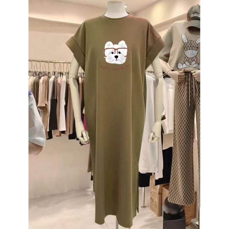 

Short-sleeved Round-neck T-shirt with Flared Skirt, Loose-fitting and Slimming Dress with Flutter Sleeves M хаки