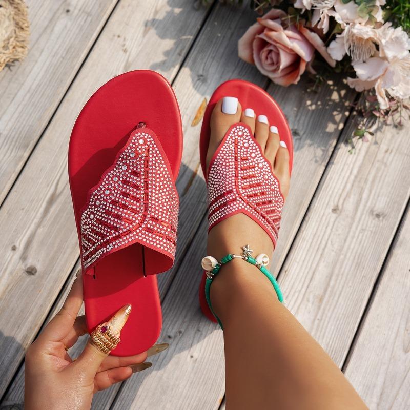

New summer style glass rhinestone flip-flops for women, plus size. 43 червоний