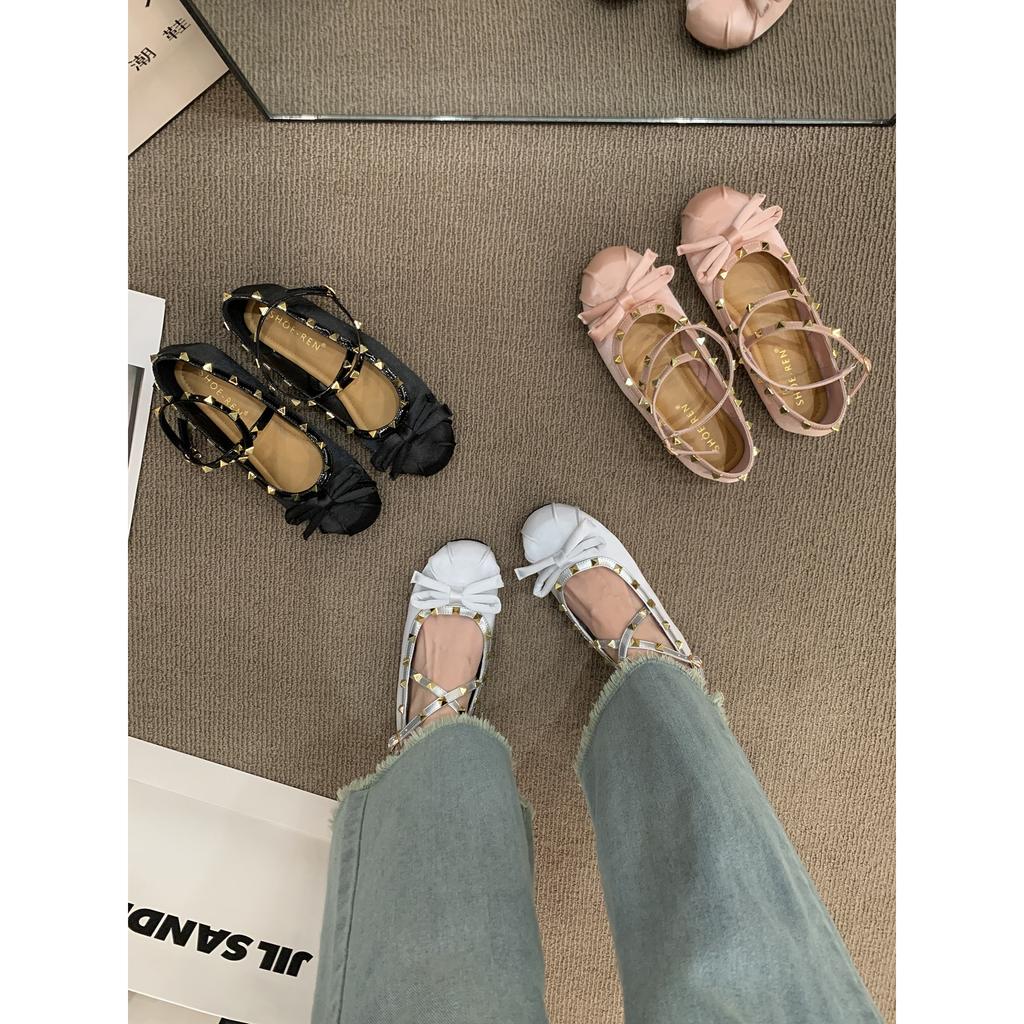 Xieyiren Fairy Rivet Ballet Shoes Girl 2025 Summer and Autumn New Bow Evening Wind Heightening Ladyshoes Single Shoes