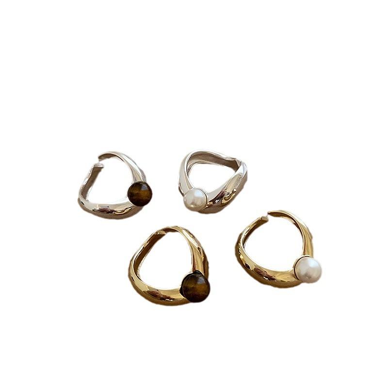 Design Sense Irregular Metal Pearl Tiger'S Eye Stone Open Ring Women'S Exaggerated Personality Fashion Versatile Ring Ring