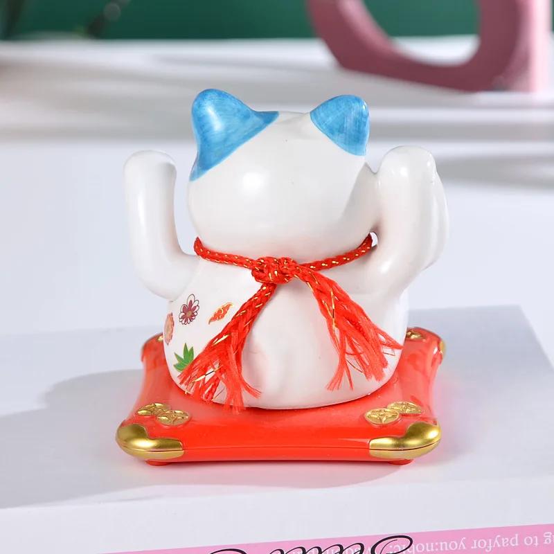 4.5 Inch Ceramic Beckoning Lucky Cat Solar Powered Fortune Cat Waving Arm Maneki Neko Gift Box Home Decoration Zen Centerpiece