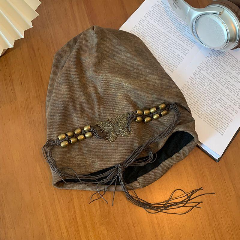 

Маленькая и высококлассная шапка-бини с кисточками и бусинами тай-дай для женщин, американская ретро, большой обхват головы, теплая шапка, свободная шапка