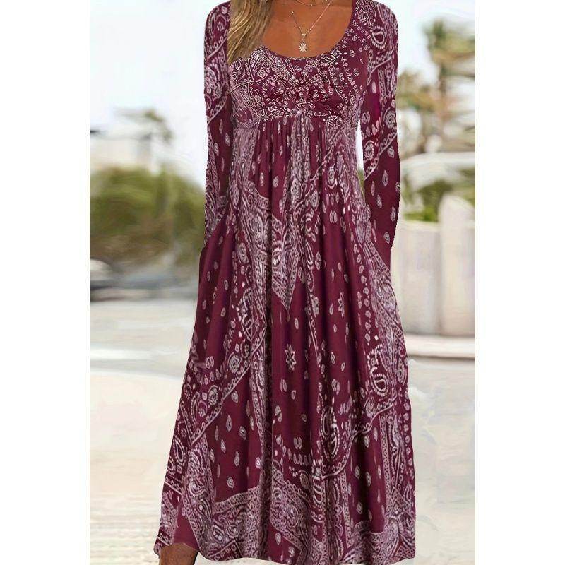 Autumn Women Print Dress Ladies Skirt Autumn Round Neck Print Long Sleeve Women Long Dress