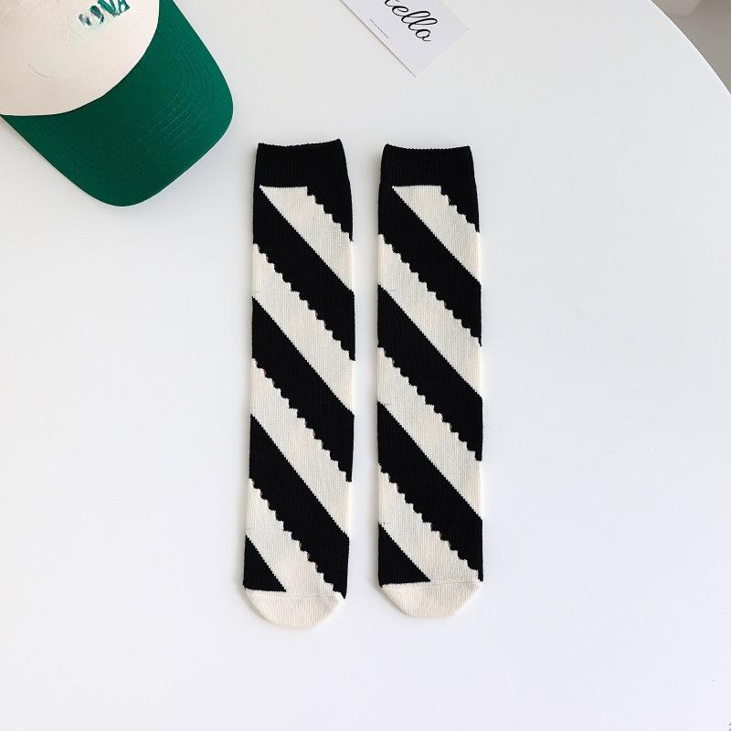 Diagonal Striped Personalized Hole Socks for Women, Mid-calf Socks, Cotton Spring Sweat-absorbing Striped Thigh-high Socks