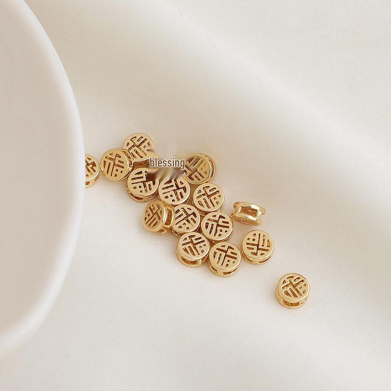 14K Gold Plated Double-Sided Fu Character Spacer Beads for DIY Jewelry