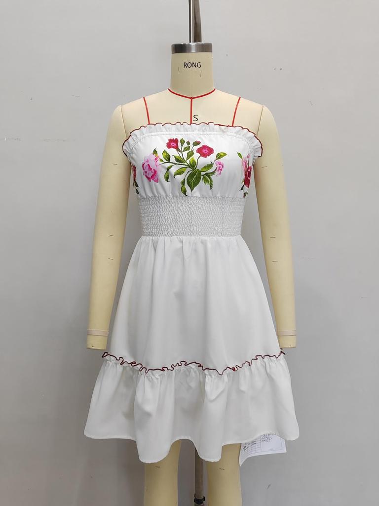 Retro Blumen-Patchwork-Tube-Top-Minikleid mit Rüschensaum für Sommer-Strandmode