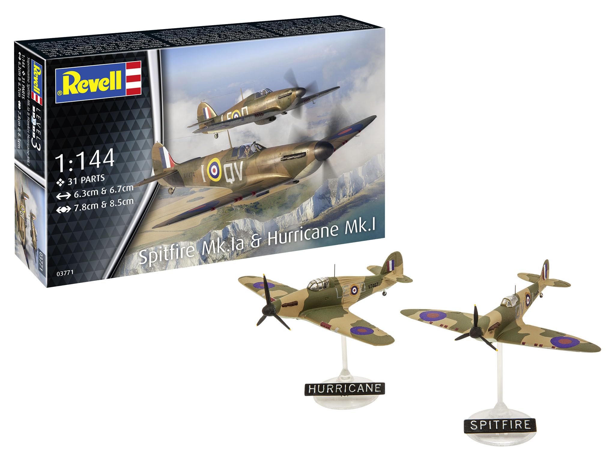 

German Revell 1/144 Supermarine Spitfire Mk.Ia & Hurricane Mk.I Plastic Model Kit 03771 (Airplane)