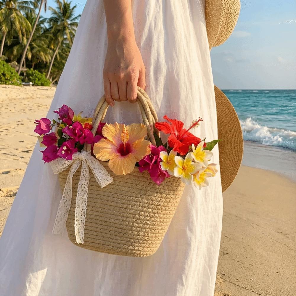 Filo di Cotone Corda di Cotone Intrecciata Borsa Intrecciata Colore Puro Boho Cesto Portaoggetti Forma a Secchiello Leggero Cesto da Shopping Vacanza al Mare
