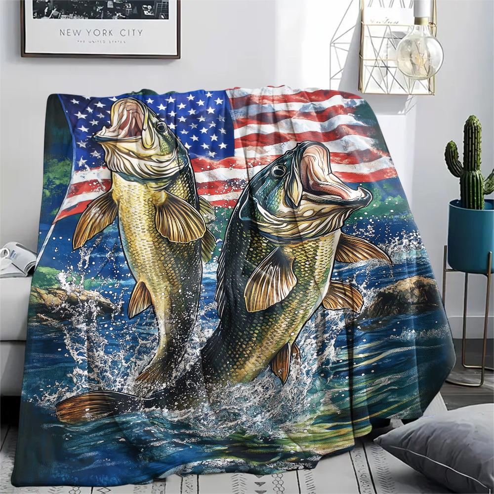 1Pc American Bass Fishing Print Flannel Blanket, High quality Comfortable for All Seasons, Home Decor, Warmth and Comfort, Perfect for Christmas Gifts