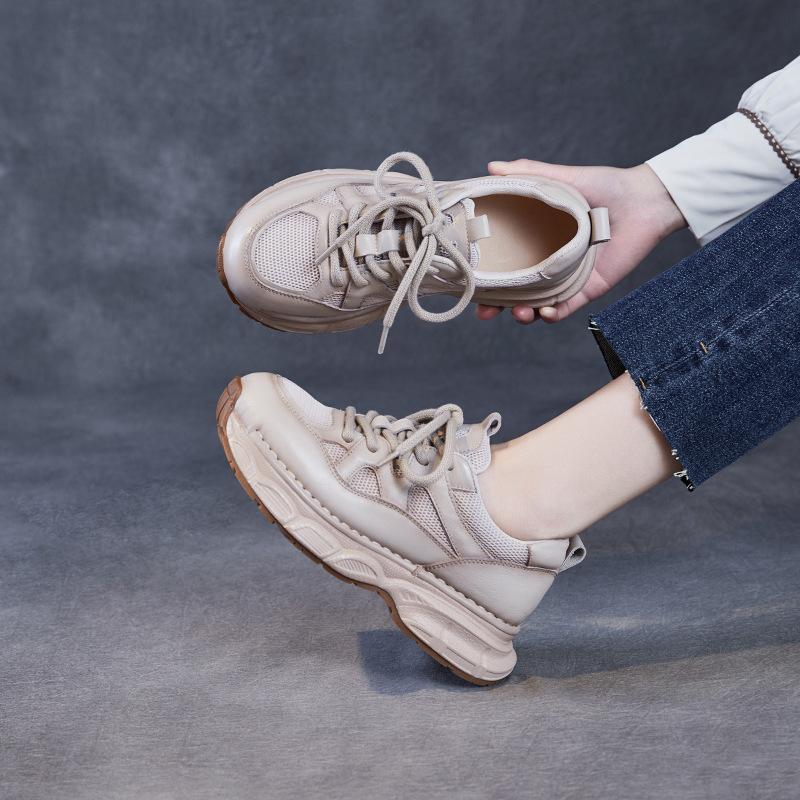 Fashion 4CM New Fashion Women Thick Bottom Casual Sneakers Lace-Up Genuine Leather Air Mesh Breathable College Style Flat Platform Shoes