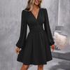 Women's Fashionable Solid Color V Neck Long Sleeved Pleated Versatile Dress