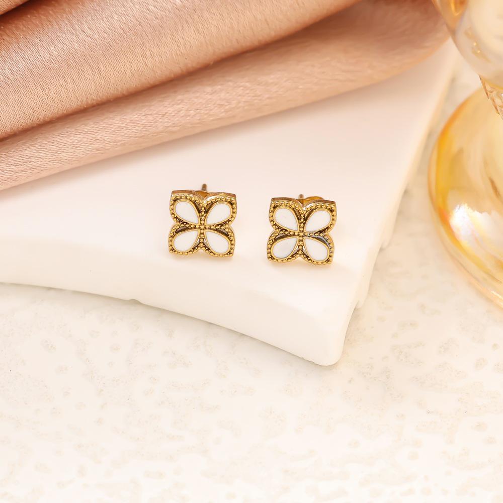 Colorful Four-Leaf Clover Titanium Steel Jewelry Set: Bracelet, Necklace & Stud Earrings