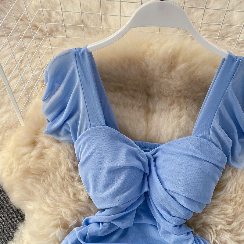 Sexy Short Sleeved High Waist Slimming Pleated Square Collar Wrapped Hip Dress