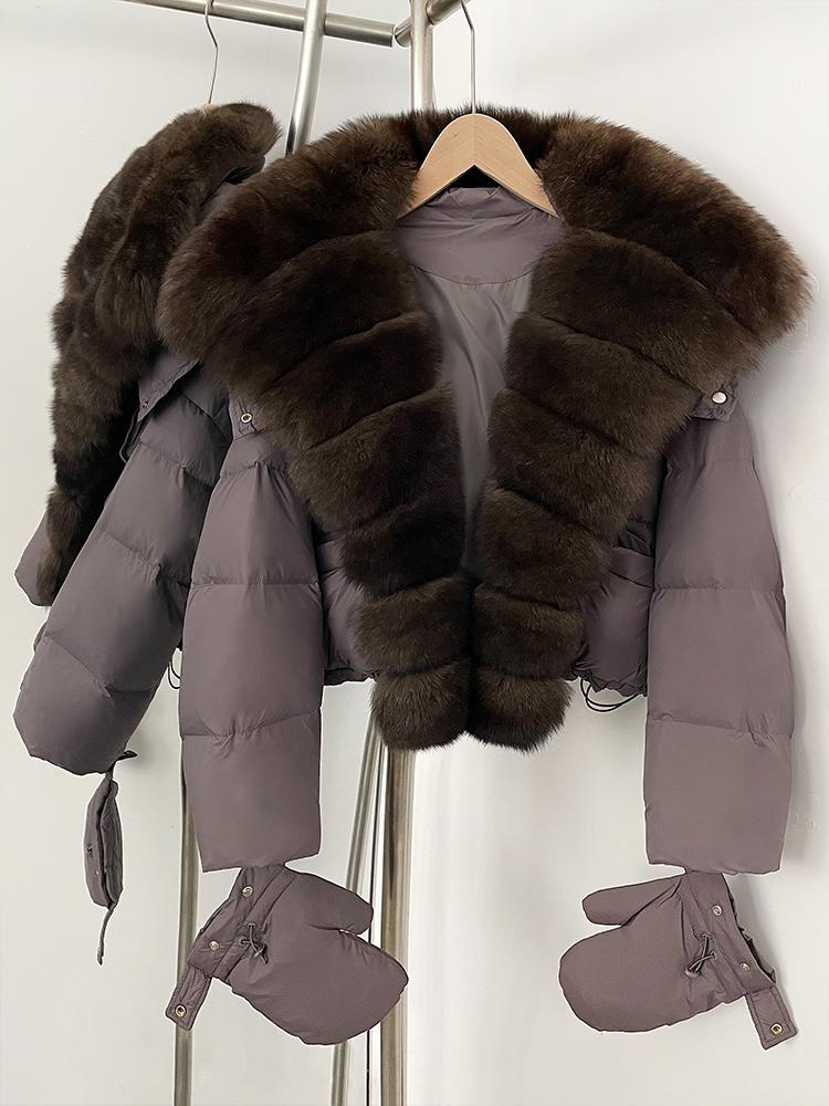 OFTBUY Новая зимняя верхняя одежда Женская короткая с капюшоном Пуховик из натурального лисьего меха Женский Натуральный мех Пушистая куртка-пуховик с перчатками S