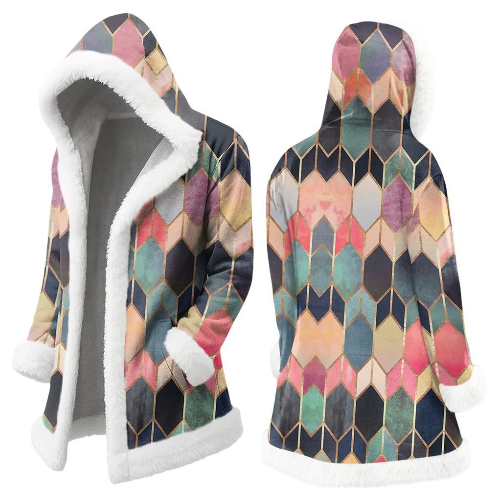 Unisex Casual And Fashionable Plush Collar Hooded Long Sleeved Floral Gradient Printing Jacket