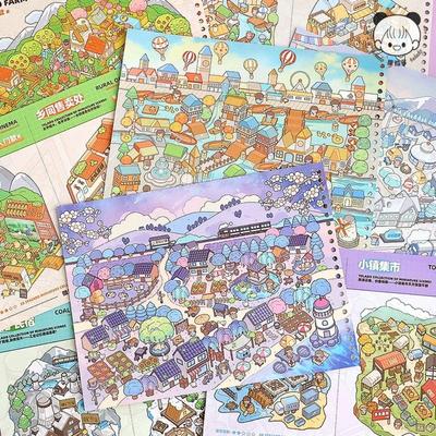 Cute 3D Scenery Stickers 12 Scenes 20 Sheets PET Miniature Scene Sticker Horizontal Large Size Stacking Sticker Book