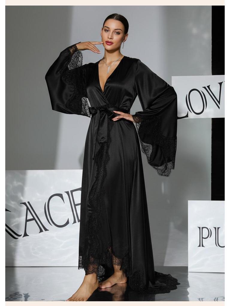 Black & White Satin Morning Robe with Flared Sleeves, Lace Accents, Long Style, Tie Belt, and Train Hem