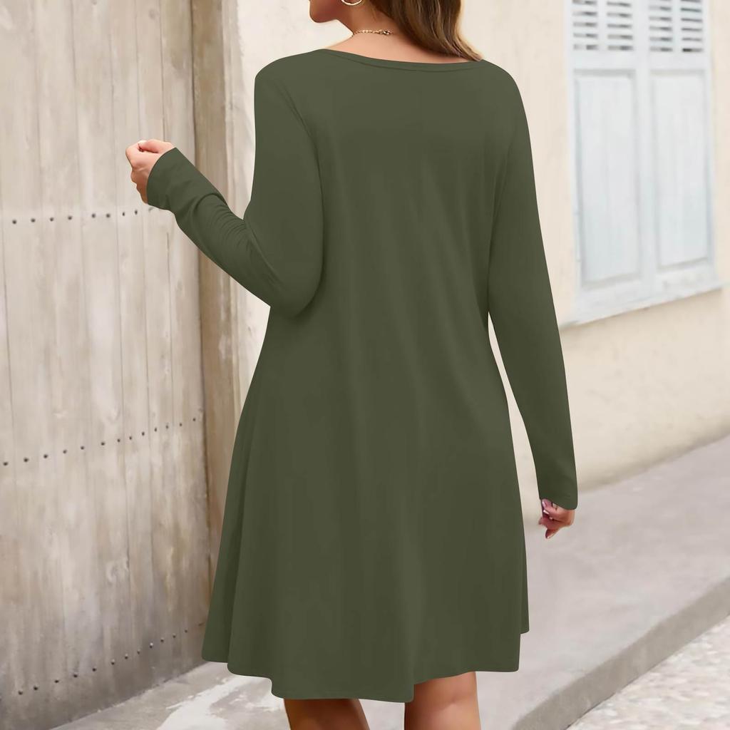 Plus Size Women's -Colour Casual Dress Spring Pocket Round Neck Long-Sleeved Dress