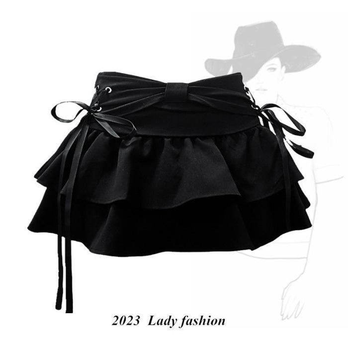

Korean bow strap pleated skirt pure desire Spice Girl a word high waist thin short skirt design sense summer culottes XL чорний
