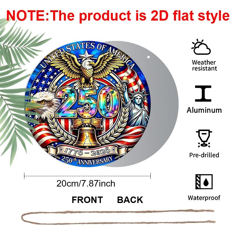 2D Flat Retro Round Aluminum Wall Hanging, 250th Independence Day Lettering Design, Indoor Outdoor Wall Decor, Commemorative Home Gift