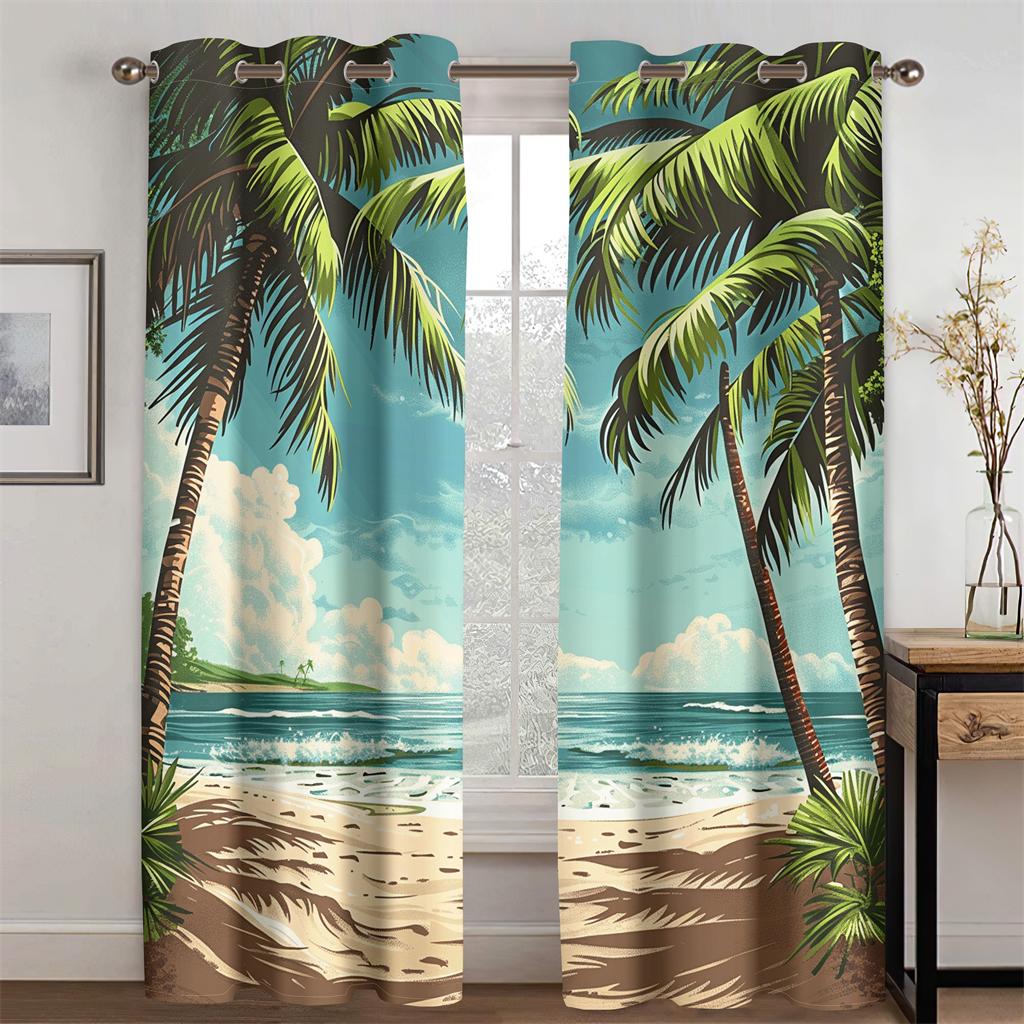 3D Palm Tree Sea Coast Retro Sea View Curtains Beach Sunset Living Room Bedroom Kitchen Balcony Decor New Products Promo 2 pcs
