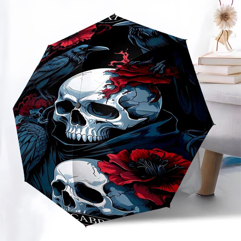 1pc Skull RavenOpen/Close Umbrella-Windproof, Compact Travel Umbrella, Sturdy 8-Rib Shaft, Outdoor Accessory, 1133