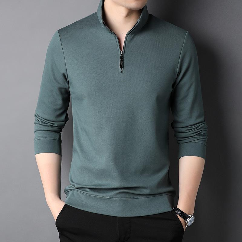 Jesienny męski T-shirt z długim rękawem Moda dla średniego wieku Casualowy stójka Zamek błyskawiczny Jednokolorowy top bazowy