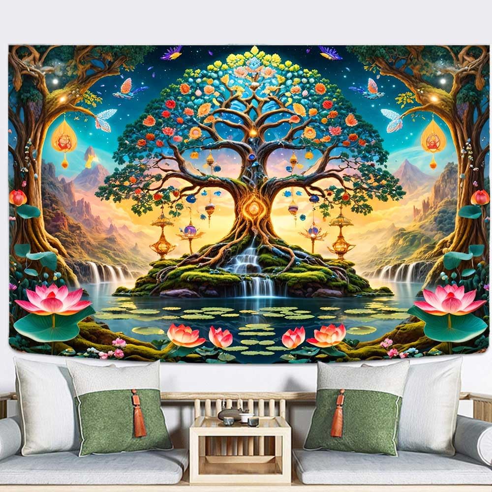 Fantasy Forest Tree Tapestry Green Nature Tree Of Life Tapestry For Bedroom Aesthetic Waterfall Lotus Flower Natural Landscape