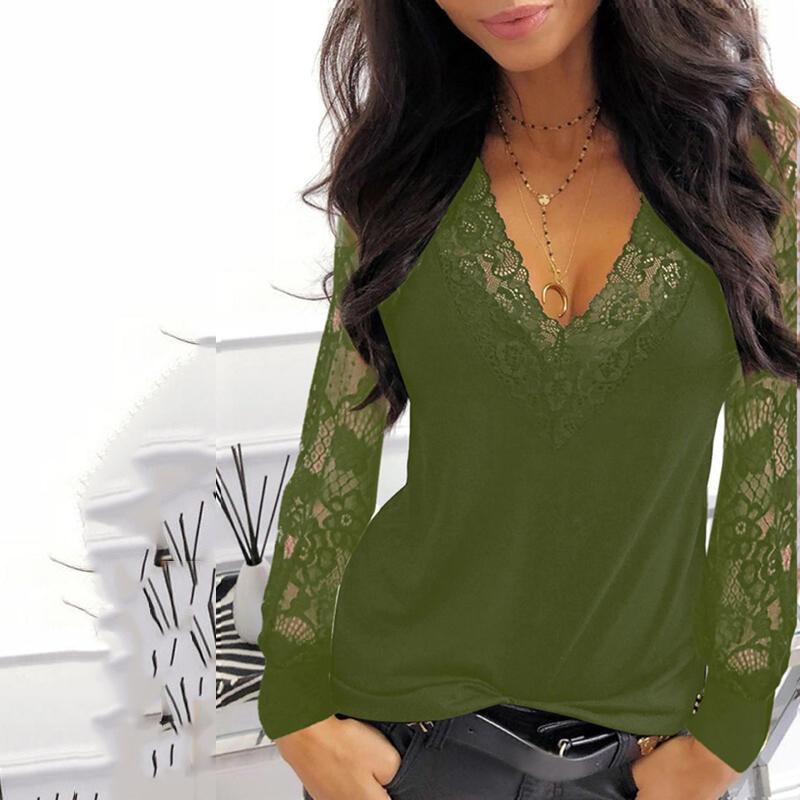 Women's V-neck Lace Long-sleeved Casual T-shirtsexy Clothes Solid Color Black T-shirt
