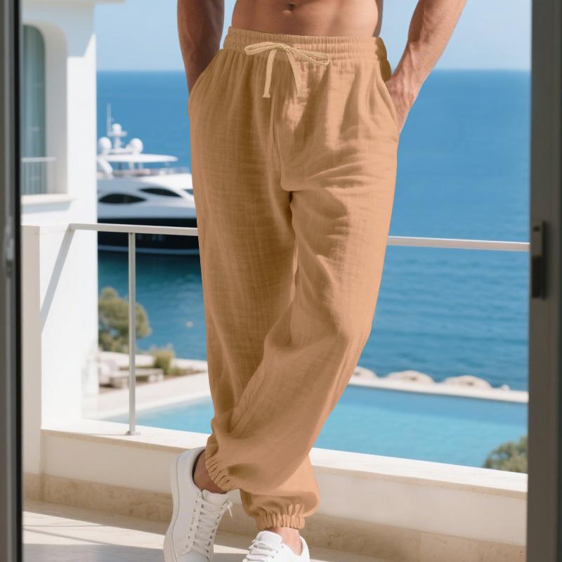 Four Seasons New Linen Men's Pants at Home Casual Simple Loose Wide-leg Ties Trousers