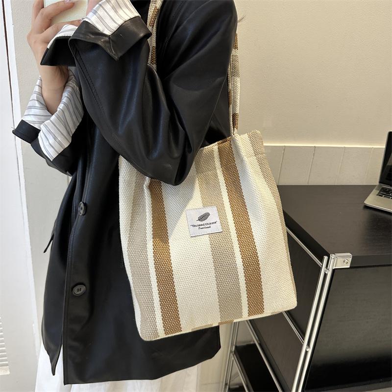 New Large Capacity Bag for Women Fashion Striped Canvas Bag Commuting Hand Tote Bag Trendy Shoulder Bag for Women