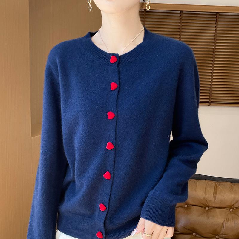 Women's 100% Wool Round Neck Long Sleeve Knit Cardigan with Cashmere Inner Layer
