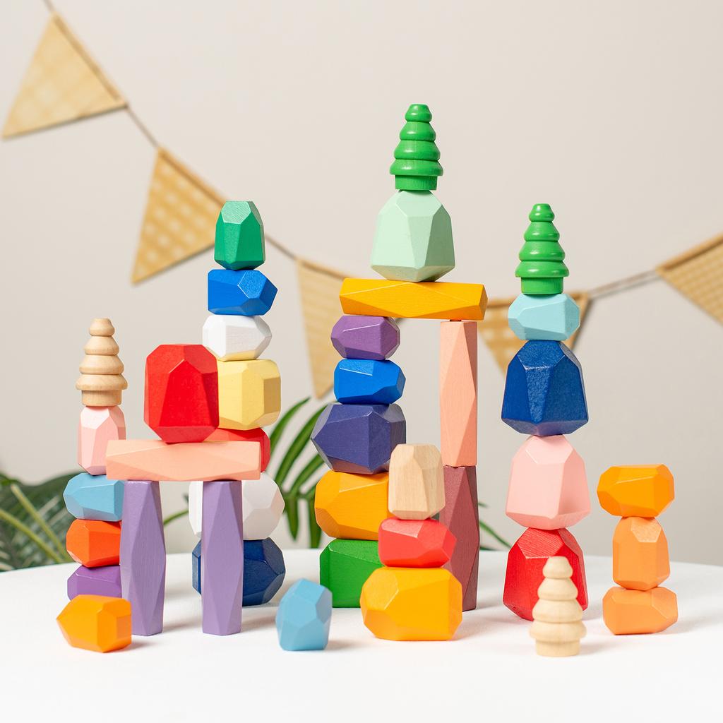Montessori Toys Children'S Wooden Stacking Toys Stacked Stones Colored Stones Balance Cognitive Stacking Music