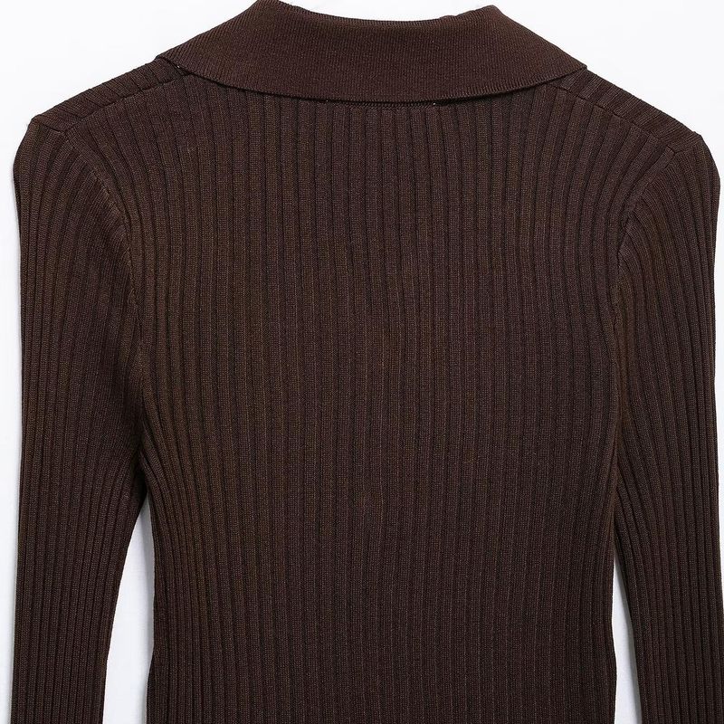 Kaslead New Arrival Women's Fashion Style Simple Lapel Long Sleeves Rib Knitting Polo Shirt 3471110