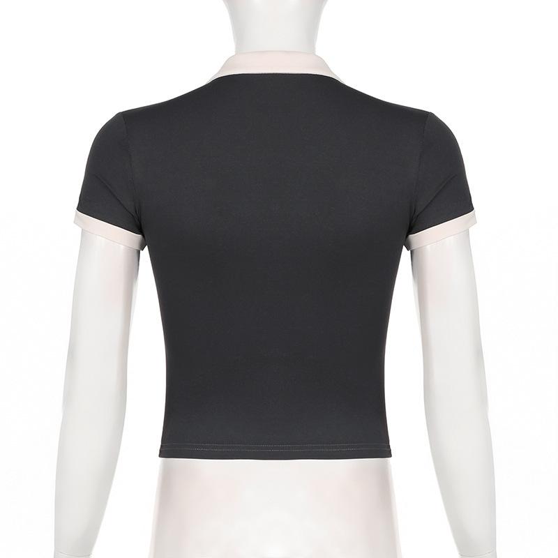 POLO collar T-shirt American spicy girl letter embroidery slim fit commuting contrasting color double bar casual versatile short sleeved top