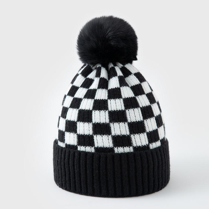 Plaid Knitted Pullover Hat With Fleece Lining Ear Flap Warm Winter Autumn Hat
