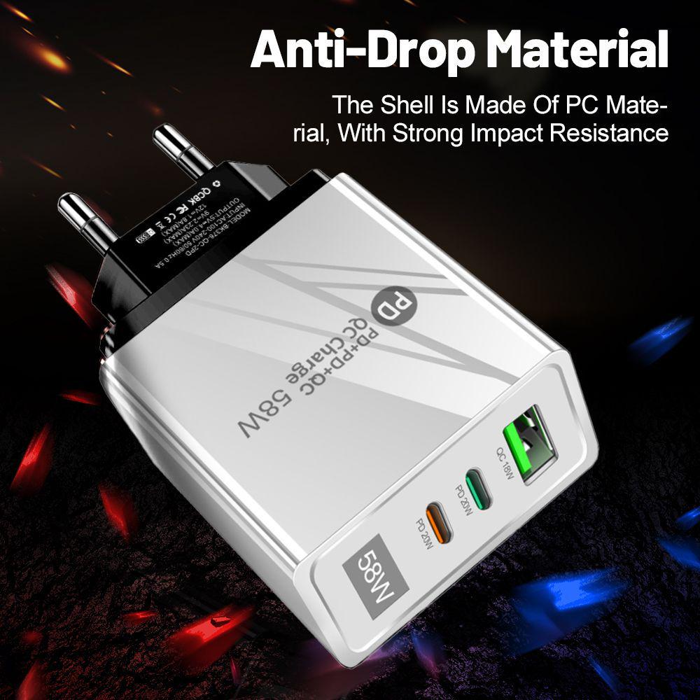 58W Dual Fast Charger with 2PD+QC3.0, Compatible with EU/US/UK Plugs.