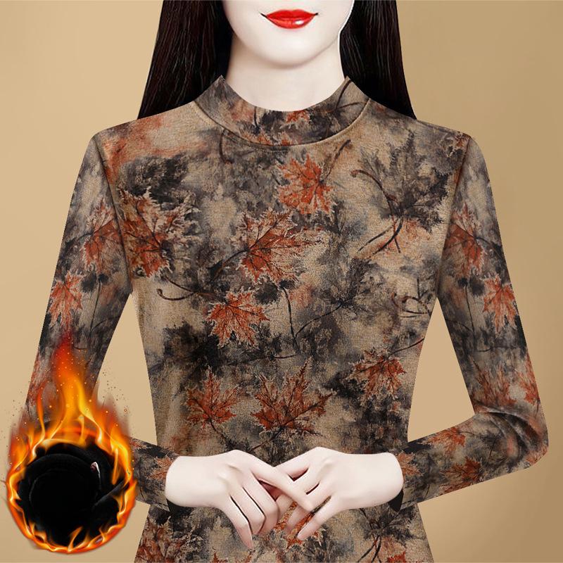 Winter New Korean Version Slim-fit Long-sleeved T-shirt Top Large-size Printed Fleece Thickened Pullover Bottoming Shirt