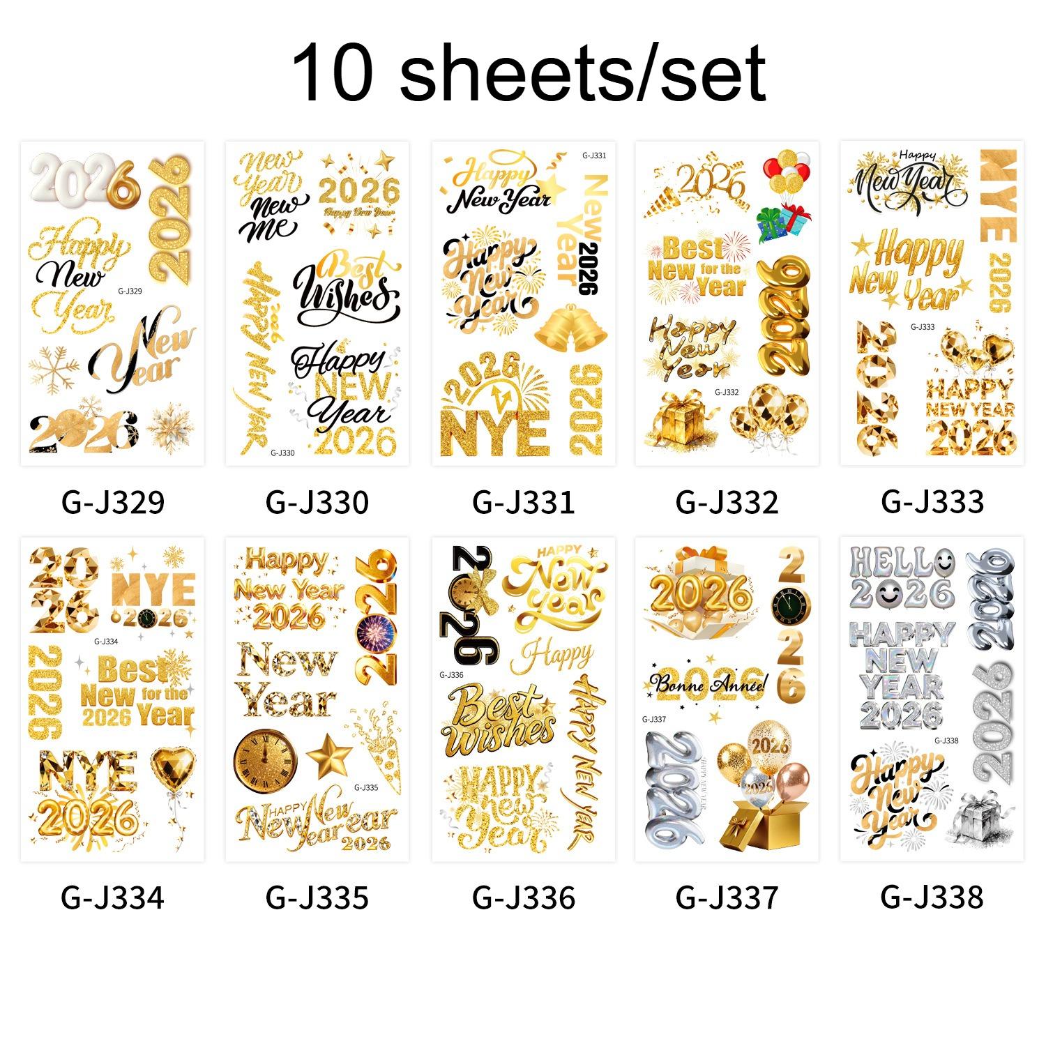 

10 sheets 2026 New Year Temporary Tattoos - Glitter New Year, Festive Party Favors for New Year S Eve,Easy Application & Removal one size fits all