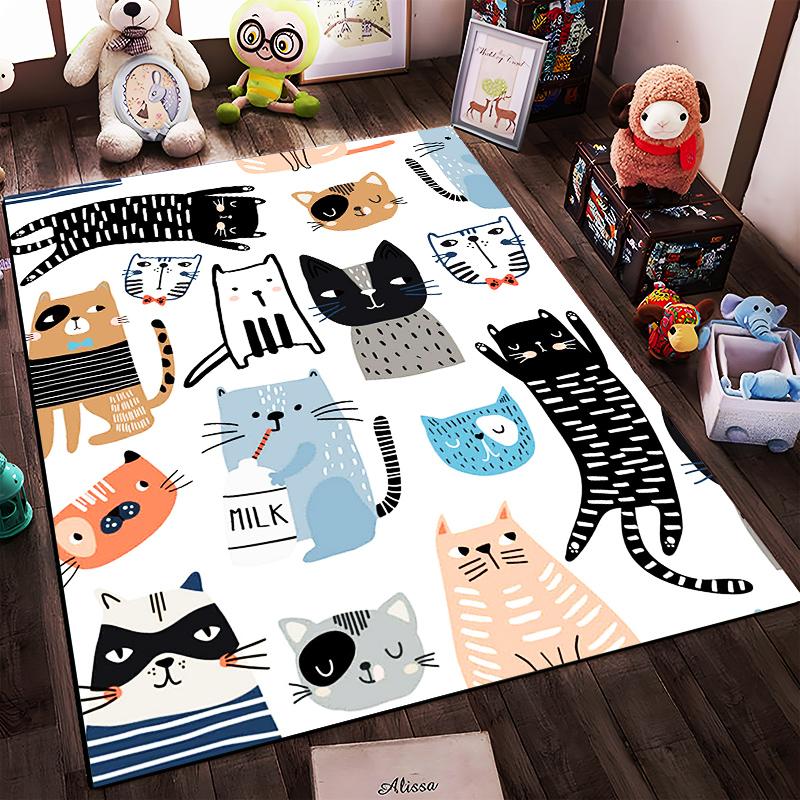 Cartoon Cat Pattern Area Rug - Cute Cats with Striped and Playful Designs" Suitable for use as an anti-slip1 for1room and bedroom sofas