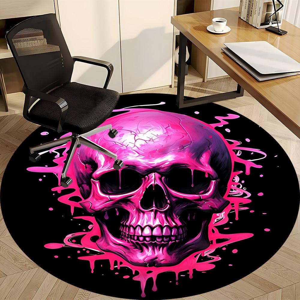 1PC Pink Skull Print Office Round Rug, Non slip, Soft and Durable Office Rug for Interior Decoration, Perfect for Office