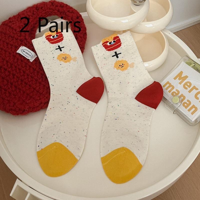 

2 Pairs of Autumn and Winter Non-stretch Cotton Socks, Children s Combed Cotton Potato Chip Hamburger Dog Mid-calf Student Socks 2 pairs