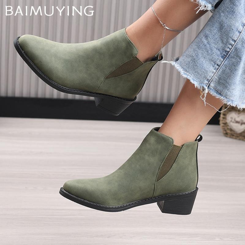 Print Random Women Ankle Boots Suede Pointed Toe Designer Mid Heels Shoes 2025 Trend Chunky Classic Winter Chelsea Botas Mujer
