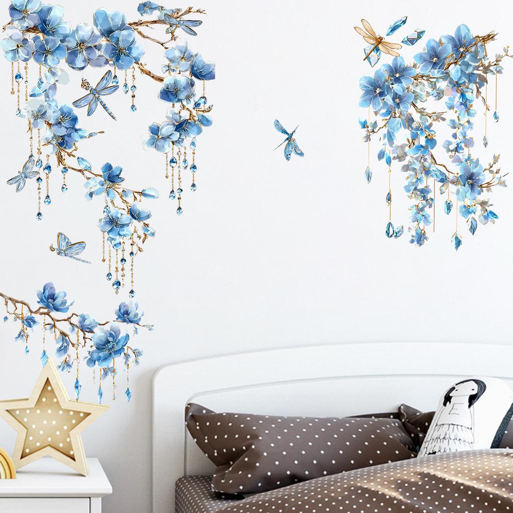 Blå Blommor, Grenar och Trollslända Väggdekal Självhäftande Avtagbar för Sovrum Vardagsrum Arbetsrum Heminredning