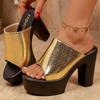 Metallic Gold Super High Heel Sandals for Women Summer Sparkly Chunky Platform Sandals Woman Peep Toe Thick Heeled Party Shoes
