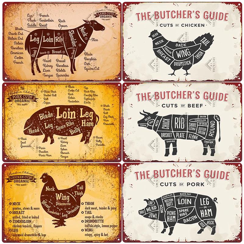 The Butcher's Guide Vintage Metal Signs, Kitchen Poster Cuts of Beef, Pork, Duck, Fish, Shop Wall Decor, Tin Sign, 20x30cm