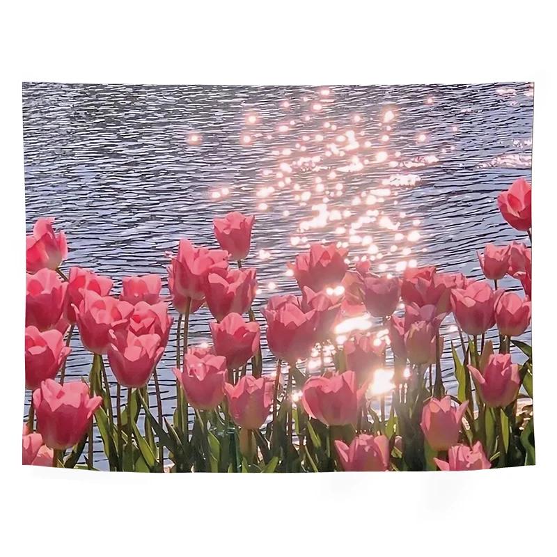 Sunlit Tulip Garden Tapestry  Vibrant Pink Flowers  Sparkling Water  Unique Wall Art for Home Decor Living Room  Gift Idea